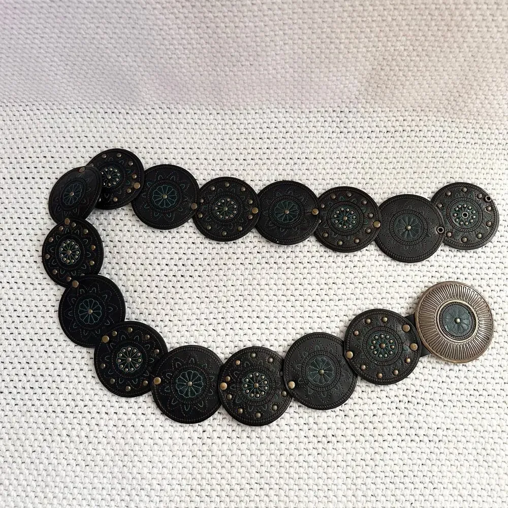 Chico's Vintage Black Faux Leather Disc Embroidered Turquoise Boho Waist Belt L